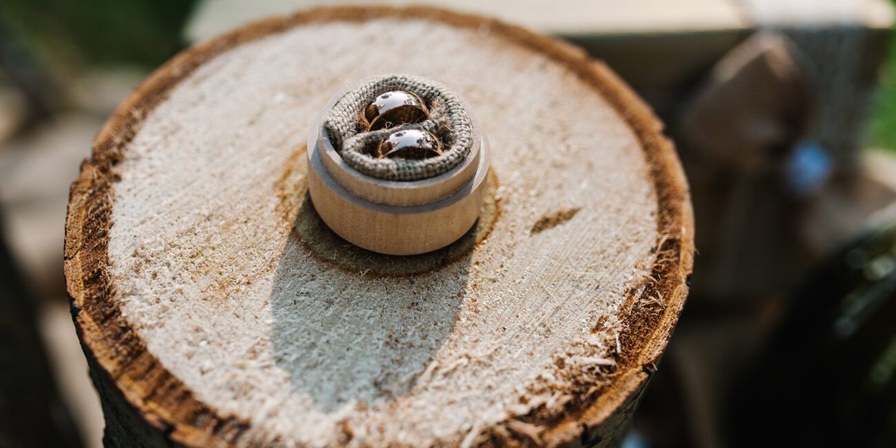 Hochzeitsplanung Frankfurt - naturverbundenes Brautpaar - die Ringe auf einem Baumstamm